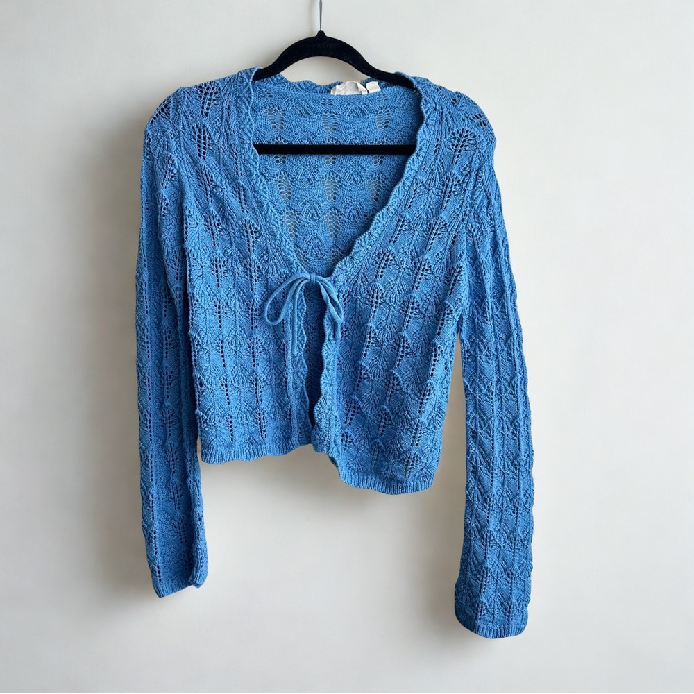 Blue Knit Women's Cardigan with Tie Front
